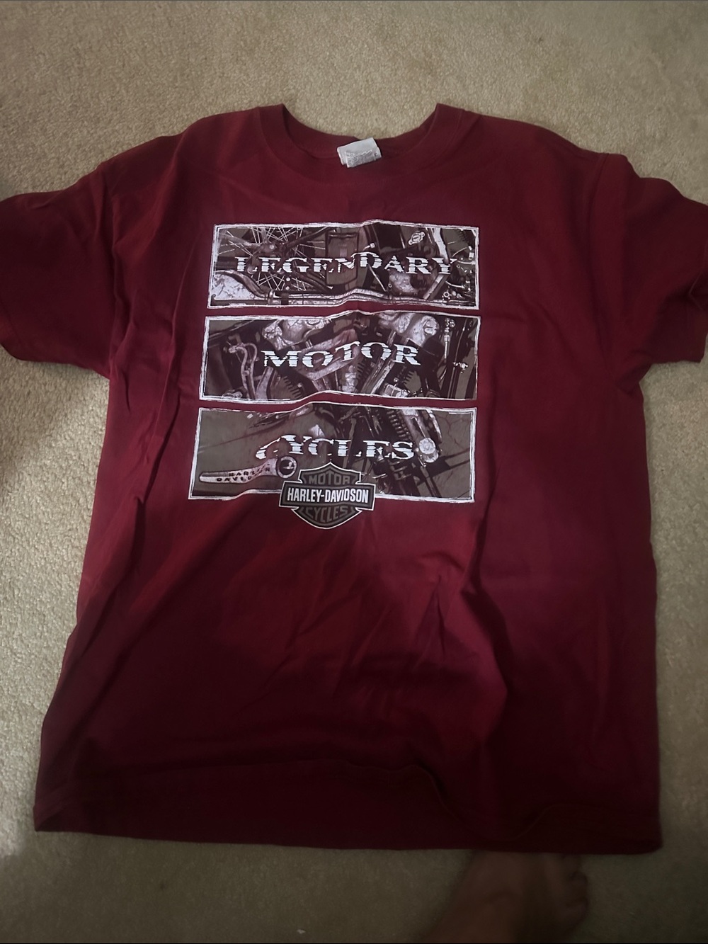 Harley-Davidson Maroon Short Sleeve Tee with White and Brown Graphic